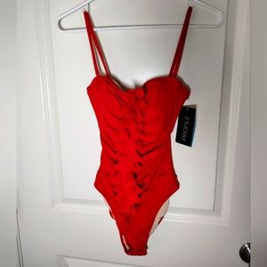 Profile Women's One Piece Red Ruffle Swimsuit--Size 6